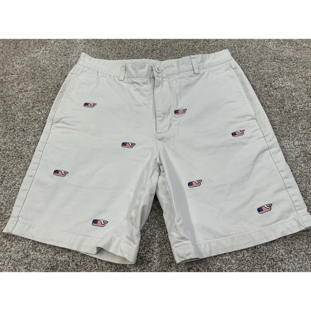 Vineyard Vines Club Shorts Mens 32 Tan Embroidered USA American Flag #0370